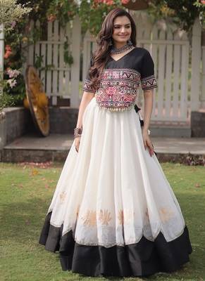 Navratri Roman Lehenga Choli - Lotus Gota Mirror Lace & Kutchi Gamthi Work - free size 1
