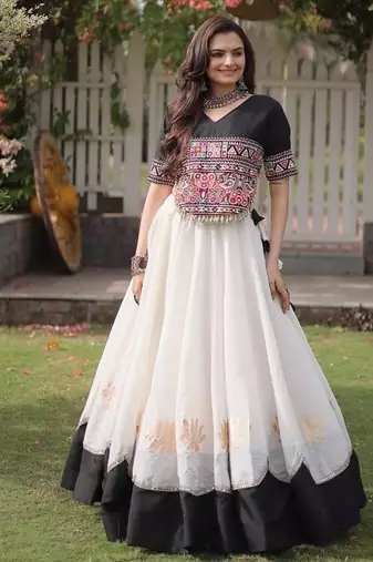 Navratri Roman Lehenga Choli - Lotus Gota Mirror Lace & Kutchi Gamthi Work - free size