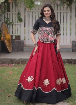 Navratri Roman Lehenga Choli - Lotus Gota Mirror Lace & Kutchi Gamthi Work - free size 1