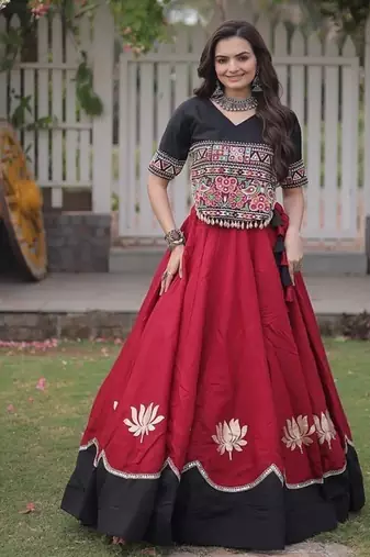Navratri Roman Lehenga Choli - Lotus Gota Mirror Lace & Kutchi Gamthi Work - free size