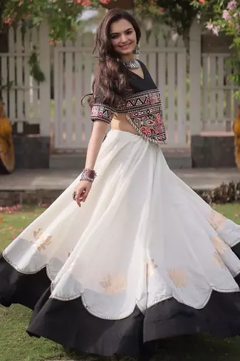 Navratri Roman Lehenga Choli - Lotus Gota Mirror Lace & Kutchi Gamthi Work - free size