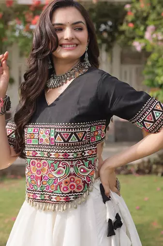 Navratri Roman Lehenga Choli - Lotus Gota Mirror Lace & Kutchi Gamthi Work - free size