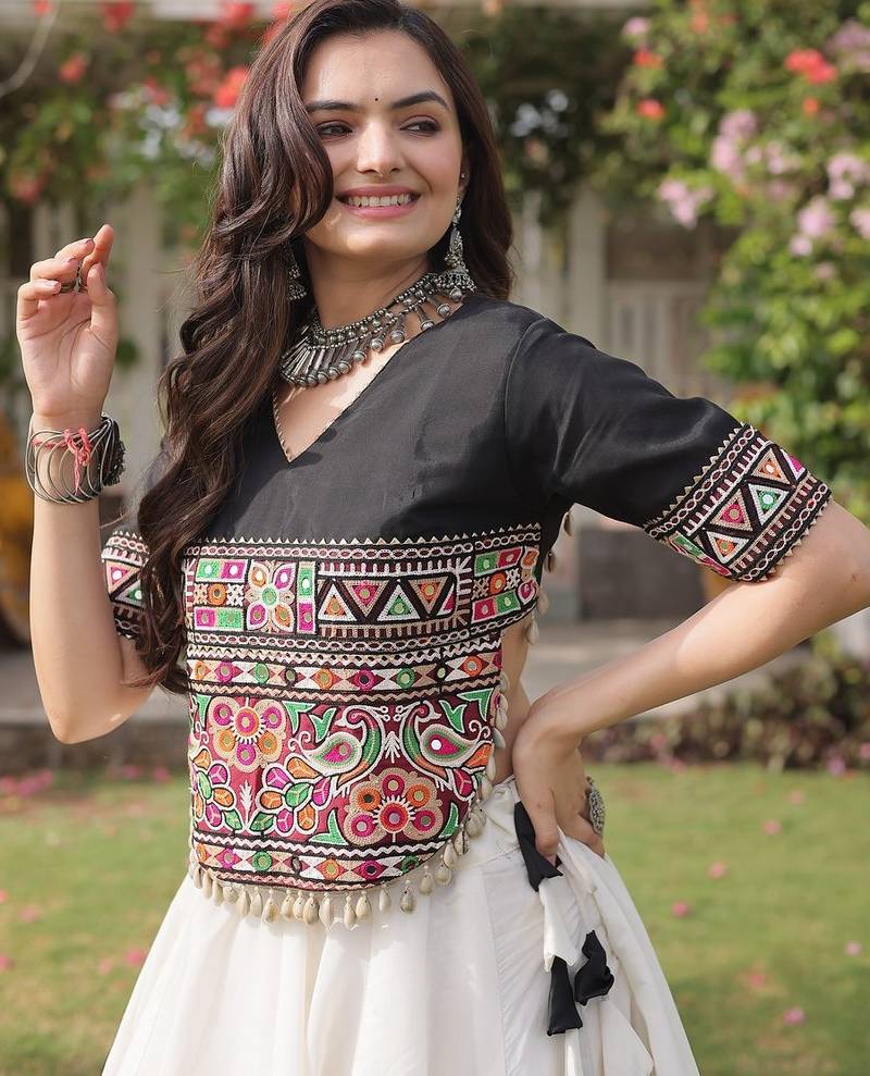 Navratri Roman Lehenga Choli - Lotus Gota Mirror Lace & Kutchi Gamthi Work - free size