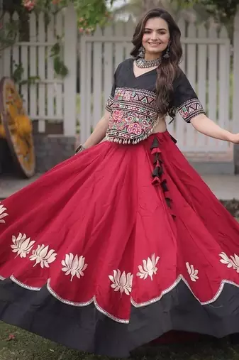 Navratri Roman Lehenga Choli - Lotus Gota Mirror Lace & Kutchi Gamthi Work - free size