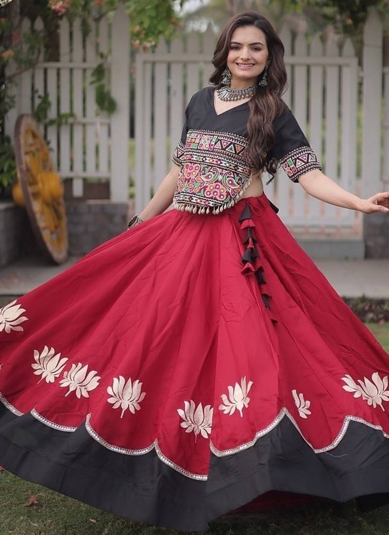 Navratri Roman Lehenga Choli - Lotus Gota Mirror Lace & Kutchi Gamthi Work - free size