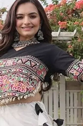 Navratri Roman Lehenga Choli - Lotus Gota Mirror Lace & Kutchi Gamthi Work - free size
