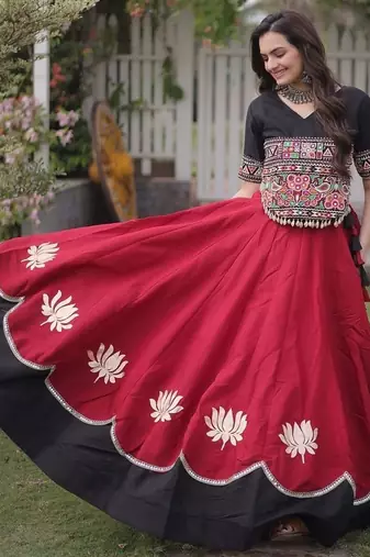 Navratri Roman Lehenga Choli - Lotus Gota Mirror Lace & Kutchi Gamthi Work - free size
