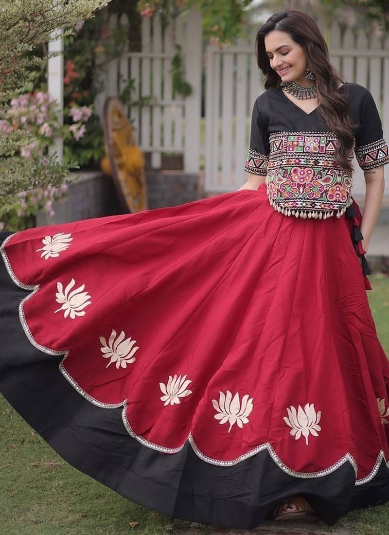 Navratri Roman Lehenga Choli - Lotus Gota Mirror Lace & Kutchi Gamthi Work - free size