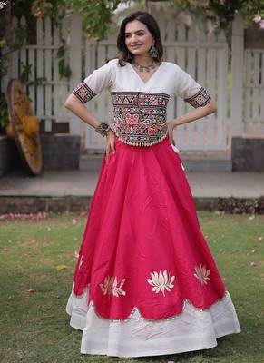 Navratri Roman Lehenga Choli - Lotus Gota Mirror Lace & Kutchi Gamthi Work - free size 1