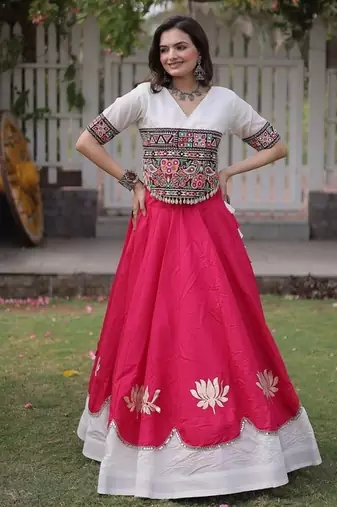 Navratri Roman Lehenga Choli - Lotus Gota Mirror Lace & Kutchi Gamthi Work - free size