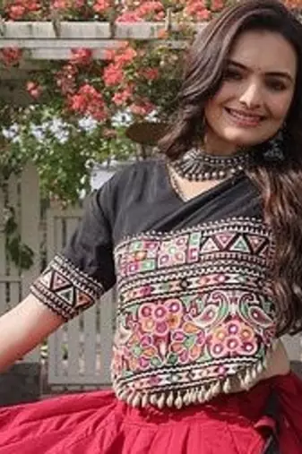 Navratri Roman Lehenga Choli - Lotus Gota Mirror Lace & Kutchi Gamthi Work - free size