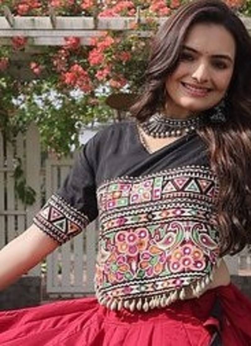 Navratri Roman Lehenga Choli - Lotus Gota Mirror Lace & Kutchi Gamthi Work - free size