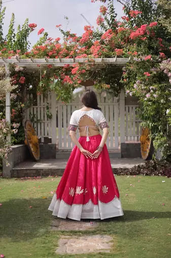 Navratri Roman Lehenga Choli - Lotus Gota Mirror Lace & Kutchi Gamthi Work - free size