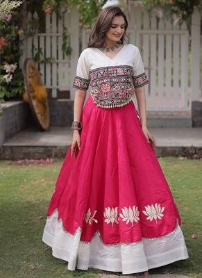 Navratri Roman Lehenga Choli - Lotus Gota Mirror Lace & Kutchi Gamthi Work - free size 3