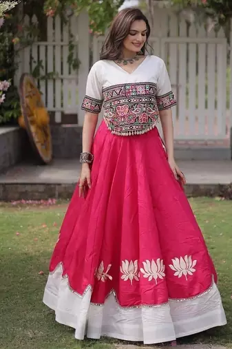Navratri Roman Lehenga Choli - Lotus Gota Mirror Lace & Kutchi Gamthi Work - free size