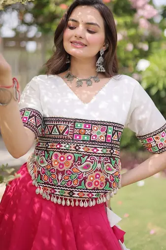 Navratri Roman Lehenga Choli - Lotus Gota Mirror Lace & Kutchi Gamthi Work - free size