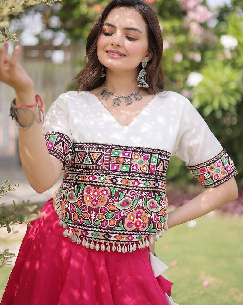 Navratri Roman Lehenga Choli - Lotus Gota Mirror Lace & Kutchi Gamthi Work - free size
