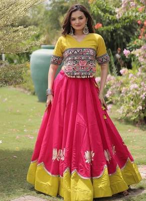Navratri Roman Lehenga Choli - Lotus Gota Mirror Lace & Kutchi Gamthi Work - free size 1