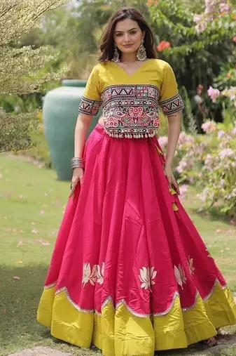 Navratri Roman Lehenga Choli - Lotus Gota Mirror Lace & Kutchi Gamthi Work - free size