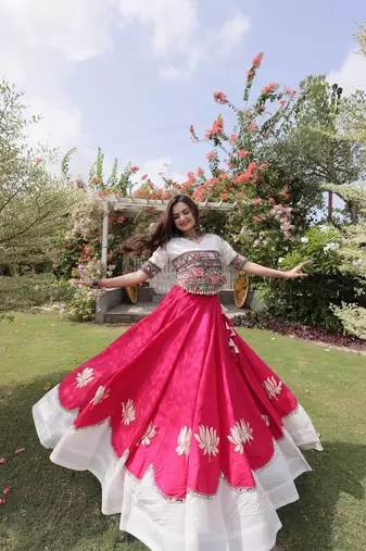 Navratri Roman Lehenga Choli - Lotus Gota Mirror Lace & Kutchi Gamthi Work - free size