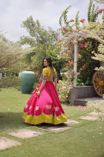 Navratri Roman Lehenga Choli - Lotus Gota Mirror Lace & Kutchi Gamthi Work - free size