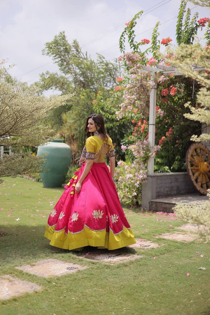 Navratri Roman Lehenga Choli - Lotus Gota Mirror Lace & Kutchi Gamthi Work - free size