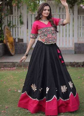 Navratri Roman Lehenga Choli - Lotus Gota Mirror Lace & Kutchi Gamthi Work - free size 1