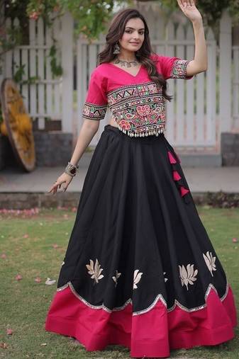 Navratri Roman Lehenga Choli - Lotus Gota Mirror Lace & Kutchi Gamthi Work - free size