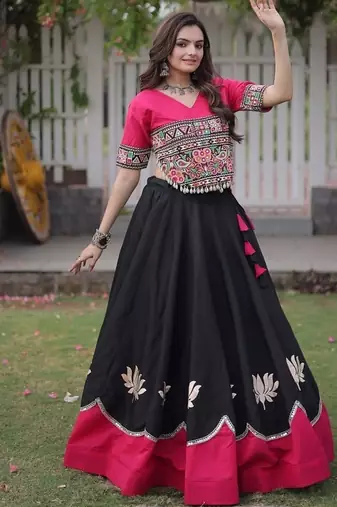 Navratri Roman Lehenga Choli - Lotus Gota Mirror Lace & Kutchi Gamthi Work - free size