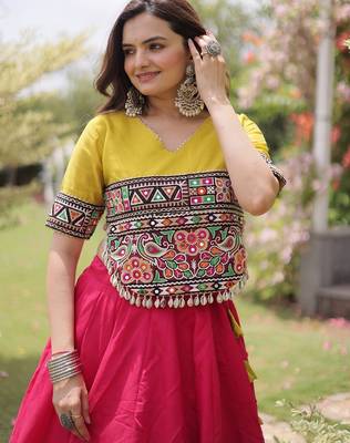 Navratri Roman Lehenga Choli - Lotus Gota Mirror Lace & Kutchi Gamthi Work - free size 4