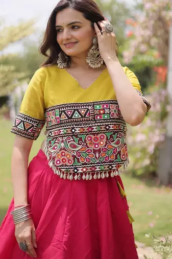 Navratri Roman Lehenga Choli - Lotus Gota Mirror Lace & Kutchi Gamthi Work - free size