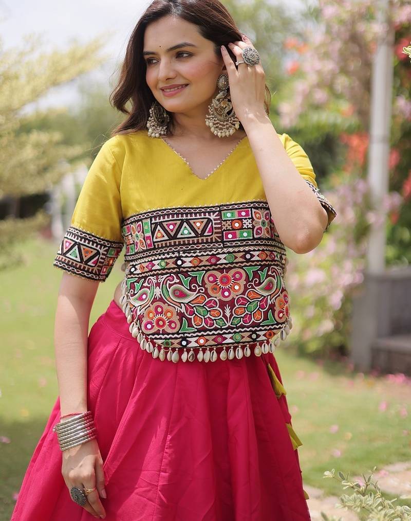Navratri Roman Lehenga Choli - Lotus Gota Mirror Lace & Kutchi Gamthi Work - free size