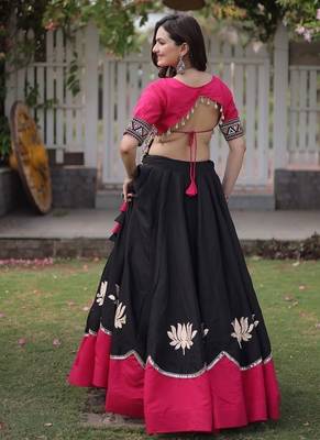 Navratri Roman Lehenga Choli - Lotus Gota Mirror Lace & Kutchi Gamthi Work - free size 2
