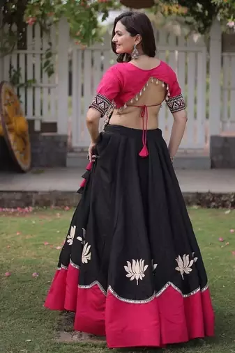 Navratri Roman Lehenga Choli - Lotus Gota Mirror Lace & Kutchi Gamthi Work - free size