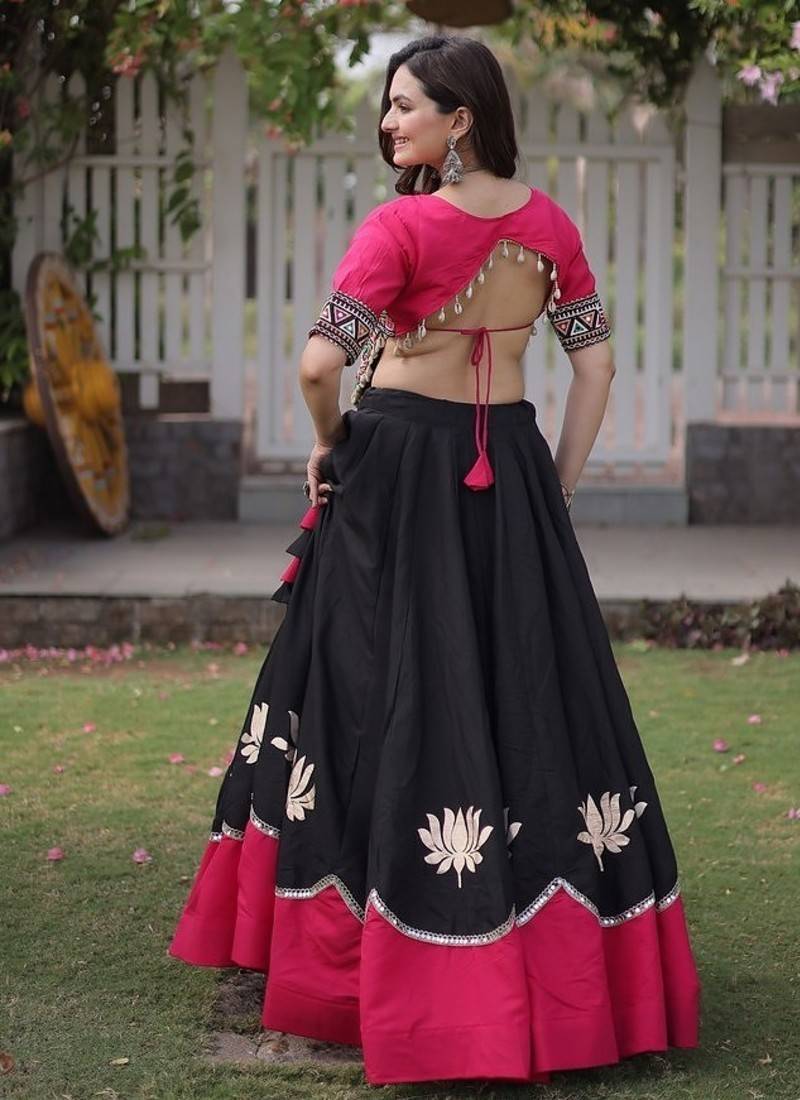 Navratri Roman Lehenga Choli - Lotus Gota Mirror Lace & Kutchi Gamthi Work - free size