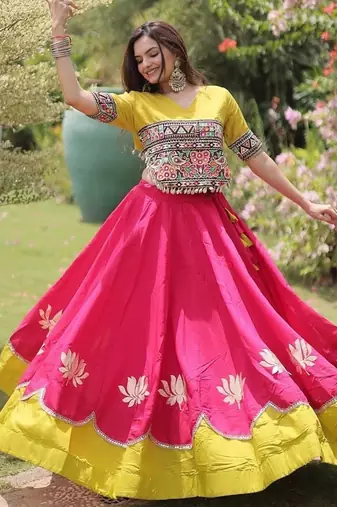 Navratri Roman Lehenga Choli - Lotus Gota Mirror Lace & Kutchi Gamthi Work - free size