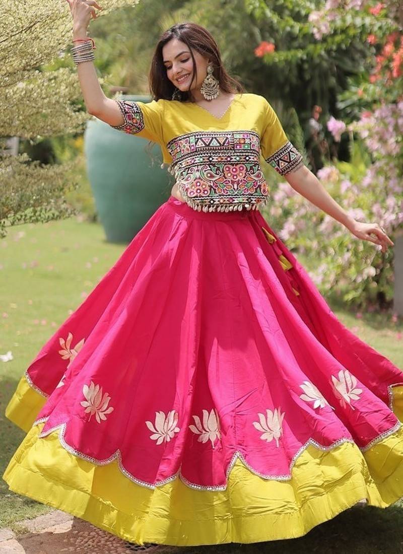 Navratri Roman Lehenga Choli - Lotus Gota Mirror Lace & Kutchi Gamthi Work - free size