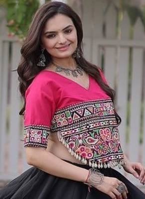 Navratri Roman Lehenga Choli - Lotus Gota Mirror Lace & Kutchi Gamthi Work - free size 3