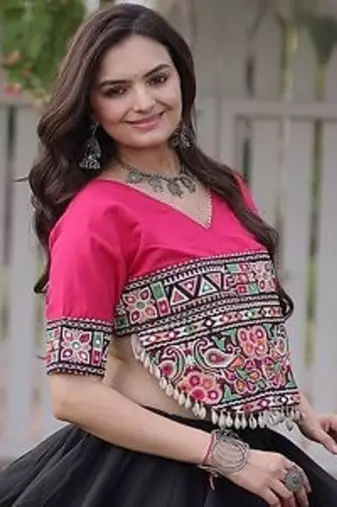 Navratri Roman Lehenga Choli - Lotus Gota Mirror Lace & Kutchi Gamthi Work - free size