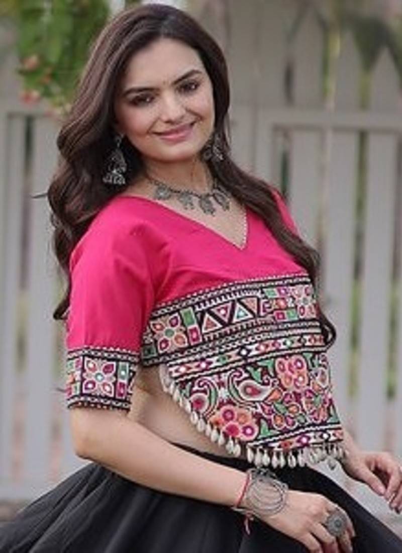 Navratri Roman Lehenga Choli - Lotus Gota Mirror Lace & Kutchi Gamthi Work - free size
