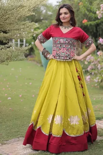 Navratri Special Roman Lehenga Choli | Lotus Gota, Mirror Lace & Kutchi Gamthi Work | Garba Festive Wear