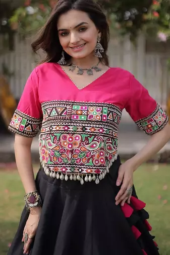 Navratri Roman Lehenga Choli - Lotus Gota Mirror Lace & Kutchi Gamthi Work - free size