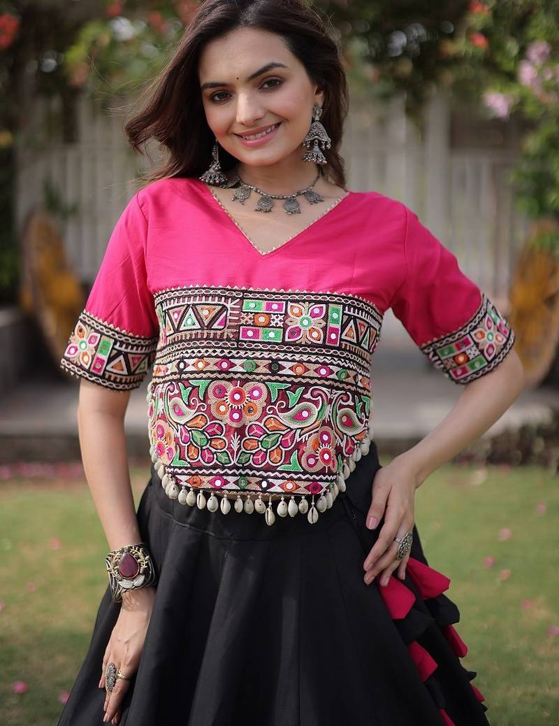 Navratri Roman Lehenga Choli - Lotus Gota Mirror Lace & Kutchi Gamthi Work - free size