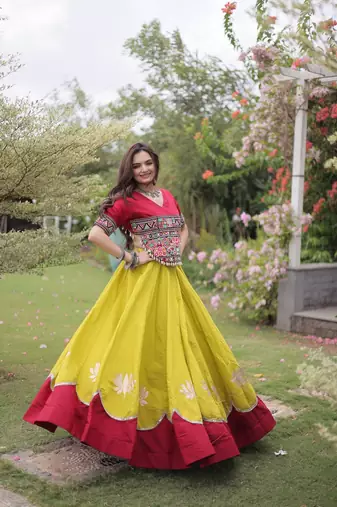 Navratri Special Roman Lehenga Choli | Lotus Gota, Mirror Lace & Kutchi Gamthi Work | Garba Festive Wear