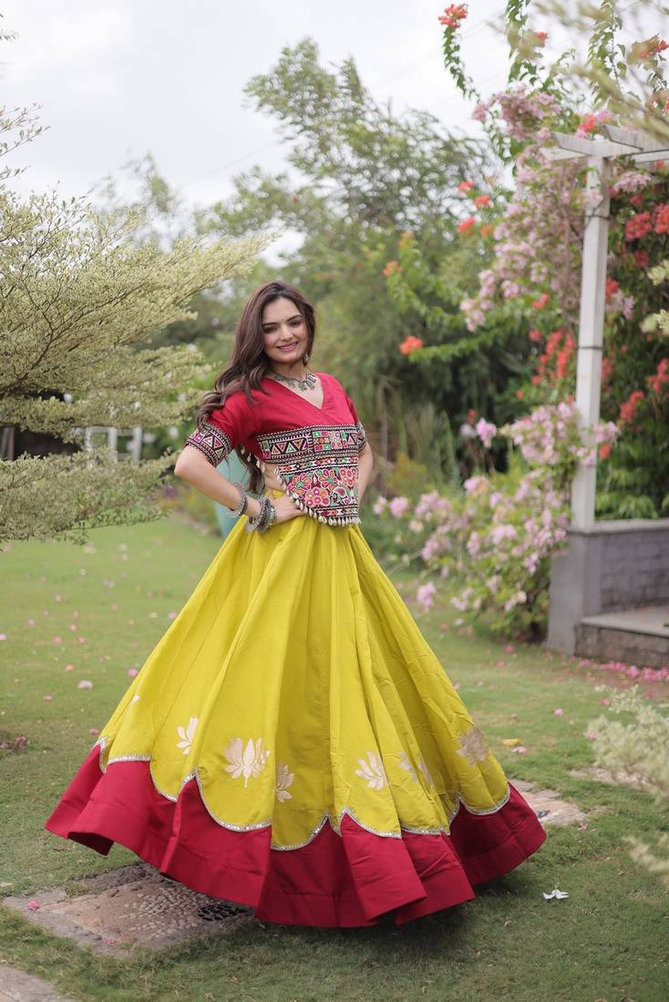 Navratri Special Roman Lehenga Choli | Lotus Gota, Mirror Lace & Kutchi Gamthi Work | Garba Festive Wear