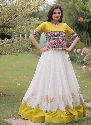 Navratri Roman Lehenga Choli - Lotus Gota Mirror Lace & Kutchi Gamthi Work - free size 1