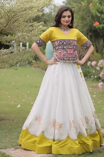 Navratri Roman Lehenga Choli - Lotus Gota Mirror Lace & Kutchi Gamthi Work - free size