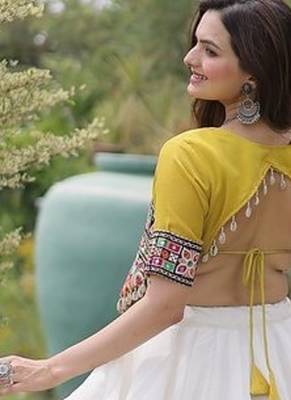 Navratri Roman Lehenga Choli - Lotus Gota Mirror Lace & Kutchi Gamthi Work - free size 2