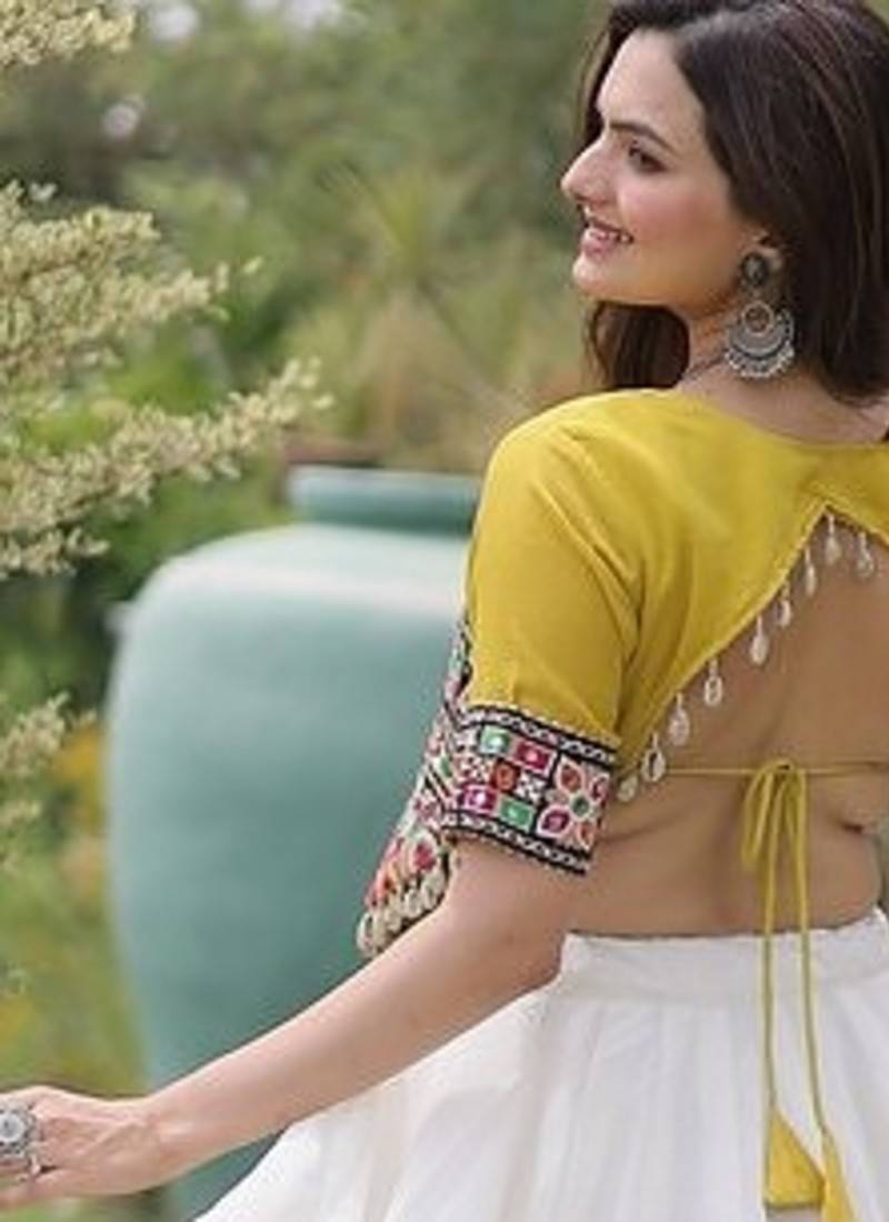 Navratri Roman Lehenga Choli - Lotus Gota Mirror Lace & Kutchi Gamthi Work - free size