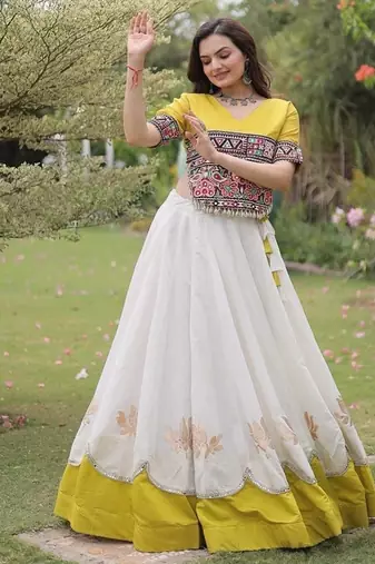 Navratri Roman Lehenga Choli - Lotus Gota Mirror Lace & Kutchi Gamthi Work - free size
